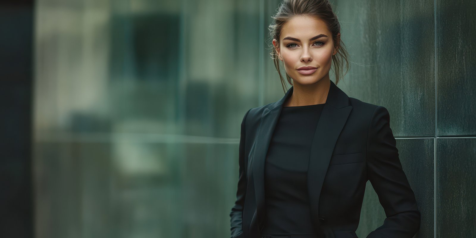 Confident woman in professional attire poses in an urban setting during the late afternoon light